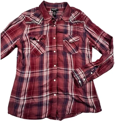 Camisa Western Wrangler Retro Para Mujer Roja a Cuadros Perla Broches Grande Bordada Foto 1 de 4