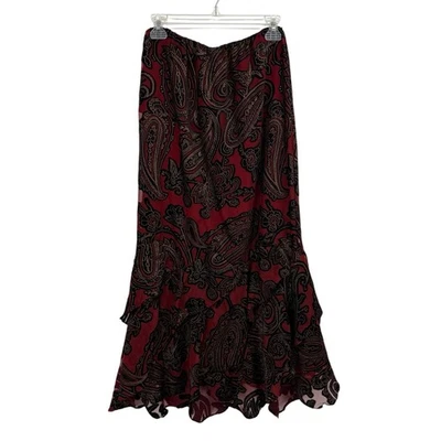Vintage Velvet Burnout Maxi Skirt XS Dark Paisley Red Black Ruffle Whimsigoth - Image 1 of 4