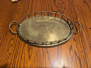 Bandeja para servir tocador de latón Hollywood Regency bambú ovalada con asas vintage - Imagen 1 de 12