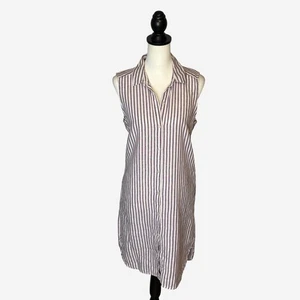 Pure Navy 100% Linen Shirt Dress Size M Knee Length Blue Striped Sleeveless - Picture 1 of 9