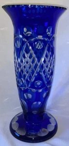 Bohemian Cobalt Blue Cut To Clear 12 1/2" Vase Glass Vintage Czech - Picture 1 of 15