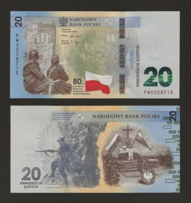 POLONIA 20 Zlotych 2024, P-198 Varsovia 80 Conmemorativo, Original UNC con Carpeta Foto 1 de 2
