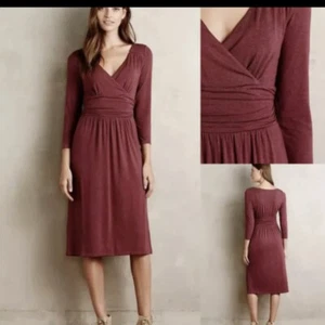 Anthropologie Maeve Galena Dress Wine Ruched 3/4 Sleeves Jersey Womens Sz XS - Picture 1 of 8