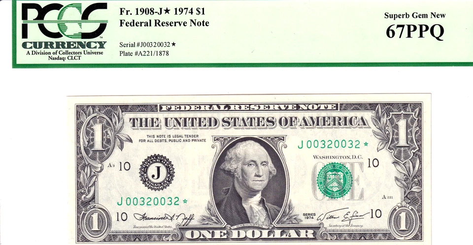 1974 $1 Federal Reserve Note **STAR** PCGS 67PPQ Fancy REPEATER #J00320032* - Image 1 of 2