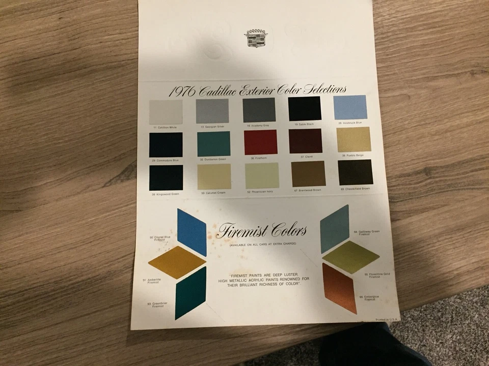 1976. cadillac,ELDORADO,DEVILLE,SEVLLE,FLEETWOOD,  FACTORY PAINT CHIP CHART - Image 1 of 1