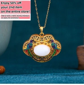 Jade Enamel Pendant Necklace Lucky Birds Charm 18K Gold Plated Dainty Gemstone - Picture 1 of 6