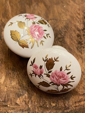 2 Vintage Porcelain Drawer Pulls Knobs Pink Roses Gold Leaves Design 1 3/8" Cover