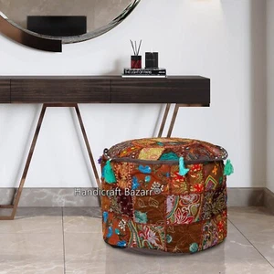 Floor Ottoman Pouf Round Patchwork Embroidered Pouffe Ottoman Cover Footstool - Picture 1 of 4