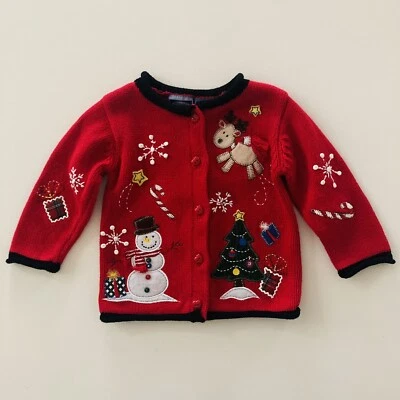 Bebé Niña 12 Meses Rojo Navidad Suéter Cárdigan Muñeco de Nieve Ciervo Vacaciones Foto 1 de 4