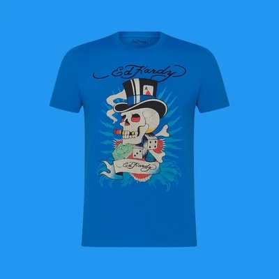 Camiseta Ed Hardy Para Hombres L Gráfico Estrás Juego Calavera Tatuaje Azul Cuello Redondo Foto 1 de 4