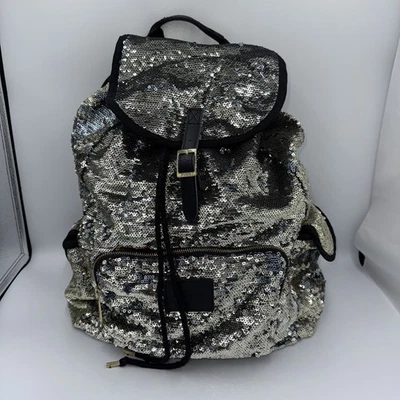 Victoria's Secret PINK Drawstring Gold Sequin Bling Large Backpack with Pockets - Image 1 of 4