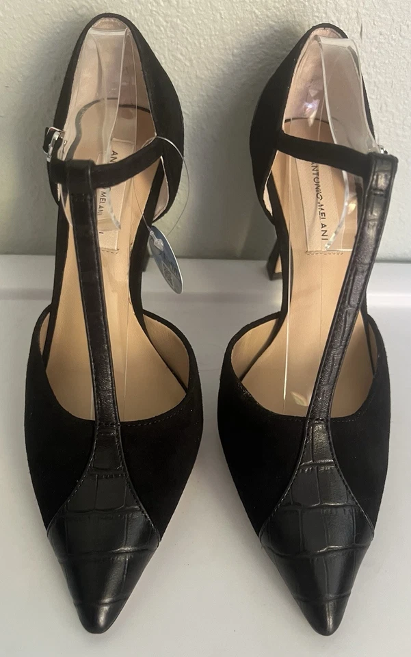 Tacones con correa en T de cuero negro para mujer Antonio Melani, talla 7,5. Nuevo sin caja Foto 1 de 4