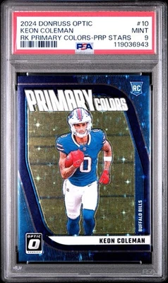 2024 DONRUSS OPTIC #10 KEON COLEMAN ROOKIE PURPLE STARS PRIZM MINT PSA 9 - Image 1 of 2
