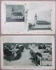ROTHSAY MINNESOTA THIRD ST. VOGELPERSPEKTIVE + KIRCHEN 2 KARTEN UM 1909 UNBESPIELT - Bild 1 von 2