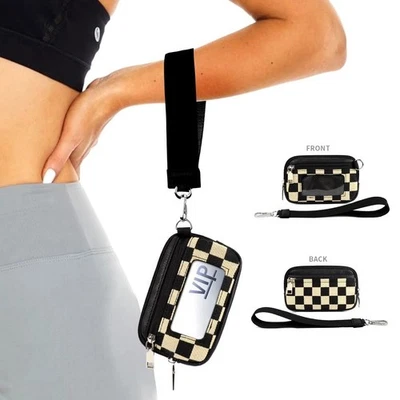 Cartera de identificación a cuadros cuero vegano muñequeras de lona negras Foto 1 de 4