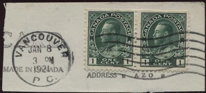 Canada #104 1c dark green - Admiral pair (cancel Vancouver Jan 8 1921) used  - Bild 1 von 1