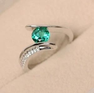 2 Ct Simulated Diamond & Green Emerald Anniversary 14K White Gold Plated Ring - Picture 1 of 10