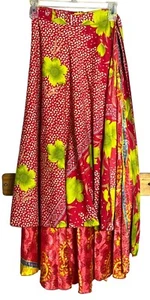 Wrap Sari Skirt Maxi Red Reversible Layers Chiffon Satin Boho Gypsy Women 1 Sz - Picture 1 of 10