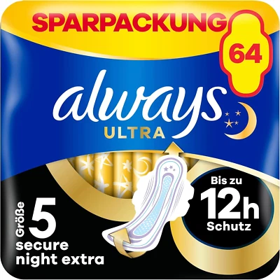 Always Ultra Binden Damen Gr.5 Secure Night Extra Multipack dünn Flügel 64 Stück