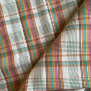 1.5 YD Vintage Brown Plaid Shirting Fabric Metallic Thread Polycotton - Picture 1 of 6