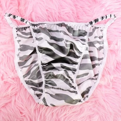 80s style SATIN Zebra silver DUCHESS cut sissy ladies string bikini Panties 6-8 - Image 1 of 4