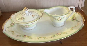 Vintage Empress Japan EMP35 Oval Platter Lidded Sugar Creamer Floral Green Gold - Picture 1 of 21