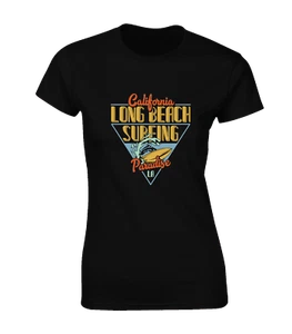 LONG BEACH SURFING LADIES T SHIRT SURFBOARD DESIGN SUMMER BEACH CLOTHING TOP - Picture 1 of 24
