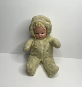 Vintage 60’s Rubber Face Baby Doll Blue Eyes Blonde Hair Plush Yellow Snowsuit - Picture 1 of 3