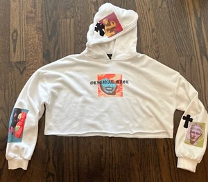 FOREVER 21 WHITE "ORIGINAL MUSE" CROPPED HOODIE SWEATSHIRT BLACK ORANGE BLUE - L - Picture 1 of 11