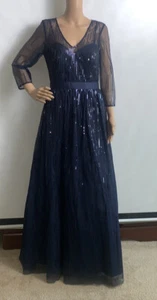 Eliza J. Navy Blue Sequin Gown Size 8. Long Sleeve. Ilusion Neckline - Picture 1 of 10