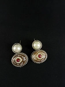 Silver Colour Handmade Print Yellow Stone With White Pearl Stud Earrings - Picture 1 of 11