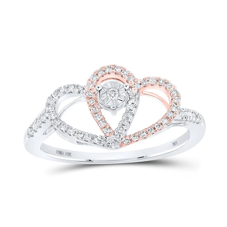 10K Two Tone Gold Real Round Diamond Women's Open Heart Crown Band Ring 1/5 CT - Image 1 of 1