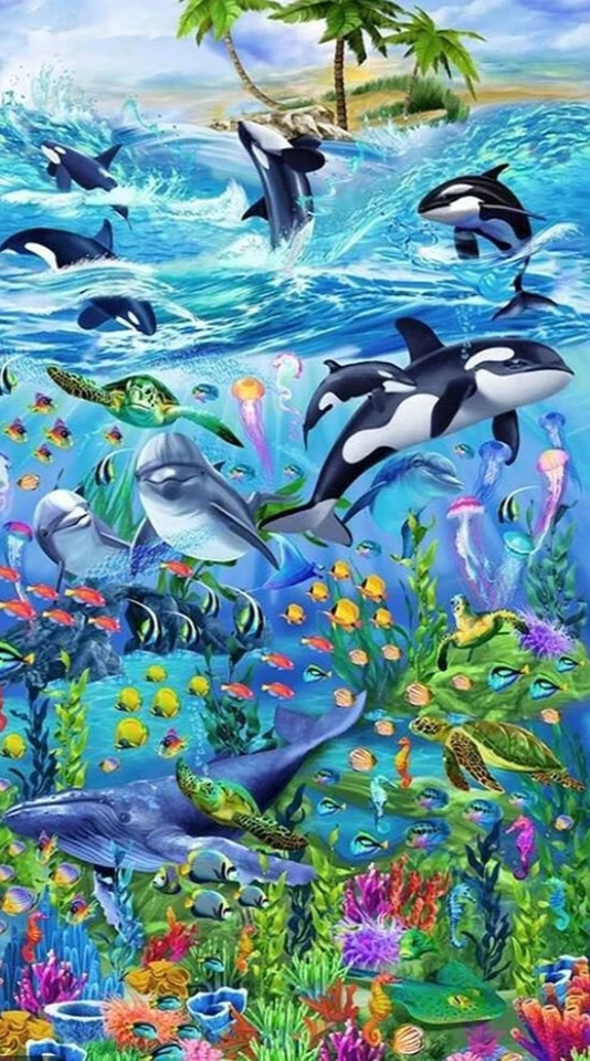 Ocean Fish Whale Fabric Trimmed Panel 21"X44" Cotton Timeless Treasures C6145 - Image 1 of 1