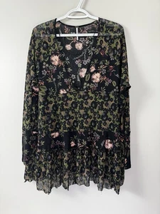 Free People Bella Black Floral Tunic S Babydoll Romantic Boho Peasant Flowy Tier - Picture 1 of 9