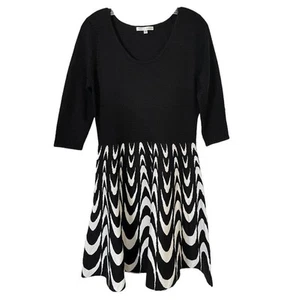 Sandra Darren Women Black Stretch Knit Dress 3/4 Sleeve Fit & Flare Shift Midi L - Picture 1 of 8