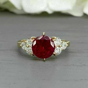 2 Ct Round Cut Natural Deep Ruby Diamond Unique Engagement Ring 14K Yellow Gold - Picture 1 of 5