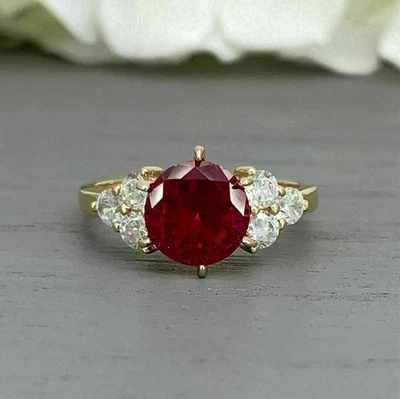 2 Ct Round Cut Natural Deep Ruby Diamond Unique Engagement Ring 14K Yellow Gold - Image 1 of 4