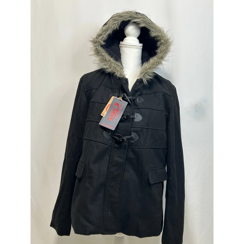 Abrigo Yoki Negro Mezcla Lana Palanca Piel Sintética Chaqueta con Capucha 1XL Para Mujer Foto 1 de 4