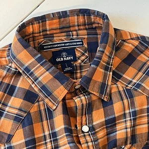 Old Navy Western Shirt Mens Size Large Pearl Snap Up Orange Plaid Slim Cowboy - Picture 1 of 13