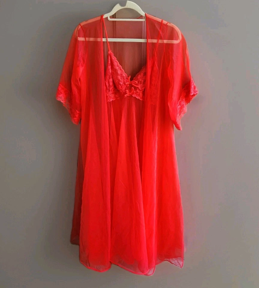 Vintage 50s Red Peignoir Set S M Chiffon Lace Long Robe & Nightgown Full Sweep - Image 1 of 4