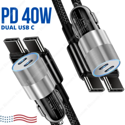 2X Dual Type C Fast 40W Car Charge Adapter PD USB C To C Cord For iPhone15 16 17 - Image 1 of 4