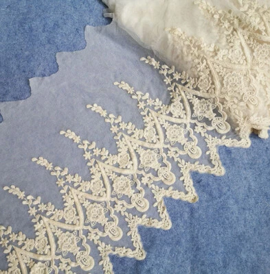 3 Yards 15" Wide Ivory Tulle Lace/Embroidered Cotton Flower-Bridal Weding xh136 - Image 1 of 2