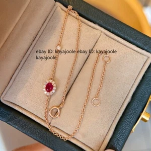 Real Solid 18K Gold Natural Ruby Diamond Wheat Chain Bracelet Adjustable - Picture 1 of 4