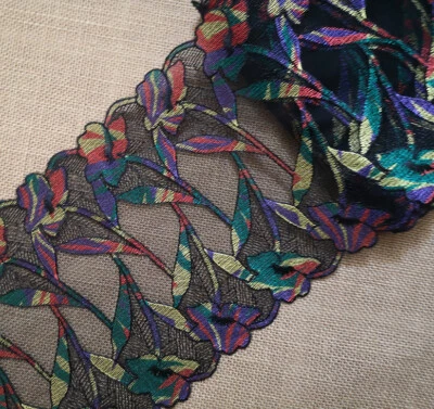 3 Yards 7" wide Black Tulle Mesh Lace with Embroidered Colorful Flower xh218 - Image 1 of 2