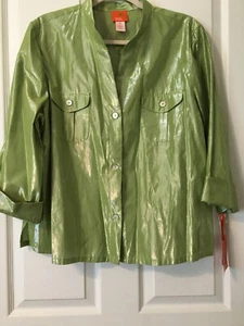 HEARTS OF PALM metallic look green button up sexy V-neck shirt/top size 18 - Picture 1 of 11