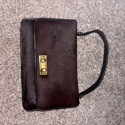 Chic Vintage Brown Fur & Leather Clutch Purse Gold Lock Evening Bag - Image 1 of 4