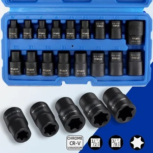 Female Impacted E Torx Star Sockets E5 - E24 3/8" and 1/2" Drive 17pc Set NEW - Picture 1 of 11