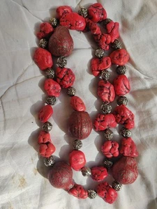 Collar Coral Rojo Natural 25 Cuentas Grandes (25-30mm) 150g Hecho a Mano Joyería Tribal - Imagen 1 de 10