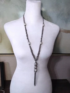 Givenchy Silver Chain Necklace with Large Faux Pearls and Tassel Pendant - Picture 1 of 10