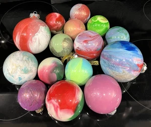 15 Hand Painted Round Glass Christmas Ornaments Multicolor Marbled Swirl Pattern - Picture 1 of 12